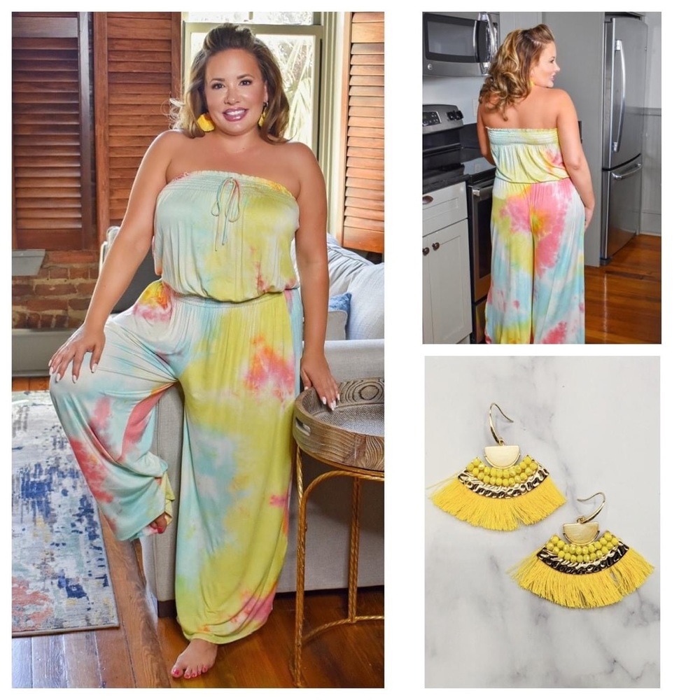 Boutique Tie Dye Strapless One Piece Jumpsuit Yellow/Red/Blue Women’s 2X EUC